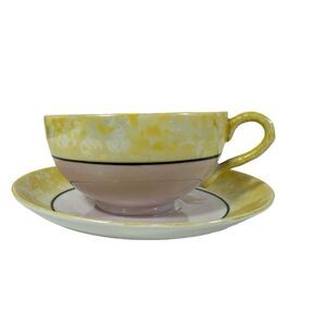 VTG 60’s MCM Lusterware Japan Espresso Tea Cup Saucer Set Marbled Yellow Pink
